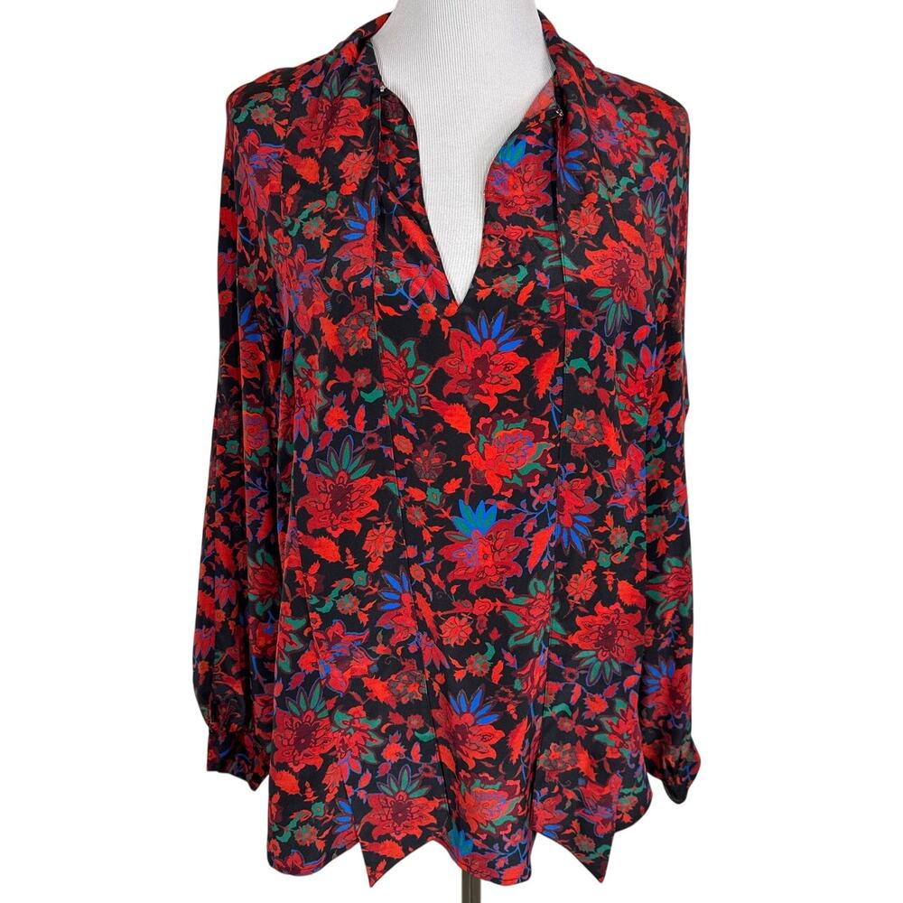 Rag & Bone Emily Floral Long Sleeve Tie‑Neck Silk Top, Size M - Picture 5 of 12